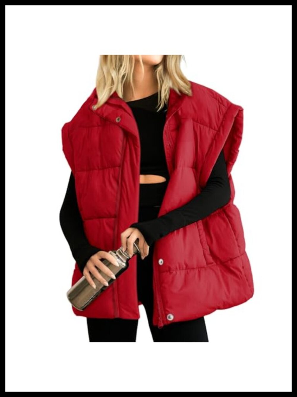 Oversized Quilted Puffer Vest Full Zip Stand Collar Sleeveless Warm Coat
